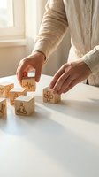 Hands arranging wooden cubes engraved with health and wellness icons including meditation, heartbeat, plant, and medical cross symbols on a white table.
