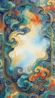 Ornate watercolor frame with swirling clouds in blue, gold and orange tones creating decorative border with central copy space for text or design elements.