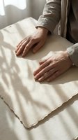 Hands smoothing natural linen fabric in soft sunlight. Textile crafting, sewing preparation, organic cotton material for home decor and fashion projects.