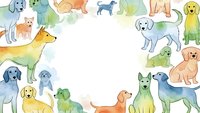 Colorful watercolor dog breeds frame border with white center space for text. Various puppies and adult dogs in pastel tones create decorative pet-themed design.