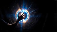 Hand touching glowing blue orb with electric energy sparks radiating outward against dark background, representing power, magic, technology, and innovation concepts.