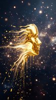 Golden liquid metal female face profile dissolving into flowing droplets against starry cosmic background with glowing particles and bokeh lights.