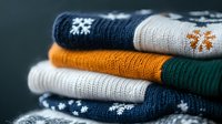 Stack of folded winter knitted sweaters with snowflake pattern in navy blue, orange, white and green colors on dark background, seasonal clothing concept.