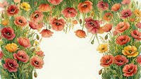 Watercolor poppy flowers frame with green grass creating decorative border on white background for greeting cards, invitations and spring designs.