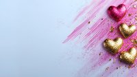 Decorative golden and pink glitter hearts with watercolor brush strokes on light background, romantic festive composition with sparkles and paint texture.