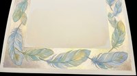 Watercolor feather border frame on textured paper background with soft pastel colors for stationery and greeting card designs.