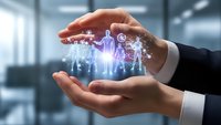 Businessman hands protecting holographic human figure with medical icons and data visualization in modern office environment for healthcare technology.