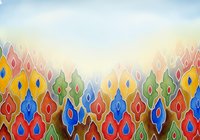 Colorful ornamental peacock feather pattern with vibrant red, yellow, blue and green teardrop shapes arranged in repeating rows. Seamless design tiles into continuous background for textiles, wallpapers and decorative applications.