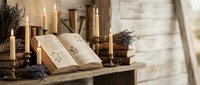 Vintage apothecary scene with open ancient book, burning candles, dried lavender bundles and glass bottles on rustic wooden table creating mystical atmosphere.