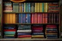 Vintage bookshelf filled with colorful antique books arranged by hue, creating rainbow spectrum effect on wooden shelves. Classic library interior scene.