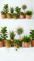 Collection of green houseplants in terracotta pots arranged on white shelves including snake plant, fiddle leaf fig, fern and trailing varieties for home decor.