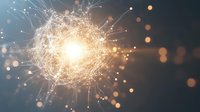 Glowing network sphere with connected dots and lines radiates light against dark background, creating futuristic neural network visualization with bokeh effect.