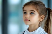 Young Caucasian girl with blue eyes and light brown hair in ponytail wearing white t-shirt gazing upward with dreamy expression against blurred background.
