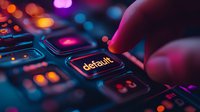 Finger pressing illuminated default key on keyboard with vibrant pink and blue bokeh lights, dramatic close-up view showing modern technology interface.