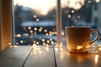 Warm coffee cup on wooden table with fairy lights creating cozy atmosphere by window during golden hour sunset for relaxation and comfort moments.