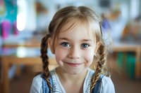 Young Caucasian girl with bright blue eyes and braided blonde hair smiling warmly at camera, wearing casual clothing against blurred classroom background.