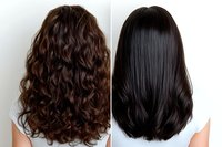 Before and after comparison of long wavy brunette curly hair versus straight dark smooth hairstyle shown from behind on white background.