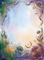 Ornate celestial frame with gold filigree, crescent moons, and stars on watercolor gradient background. Decorative botanical border with flowers in jewel tones. Isolated design element suitable for invitations, greeting cards, posters, and social media graphics.