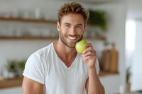 Cheerful Caucasian man with beard holding green apple in modern kitchen, promoting healthy eating habits and wellness lifestyle.