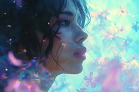 Young Asian woman in profile view surrounded by glowing butterflies and magical particles against dreamy turquoise and pink ethereal background, expressing serenity and wonder.