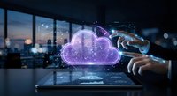 Businessman hand touching holographic cloud computing icon in modern office environment representing digital transformation and data storage technology.