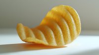 Crispy potato chip with distinctive wavy ridged texture casting soft shadow on white surface, macro food photography highlighting golden curves and details.