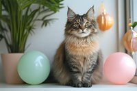Tabby cat with striking green eyes sitting between pastel balloons and potted plants, festive holiday decoration setup for seasonal celebrations and pet-themed designs.
