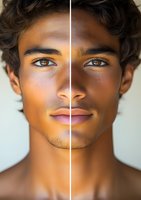 Young mixed-race male model with symmetrical split-face portrait showing skin tone variations and facial features in warm lighting against neutral background.