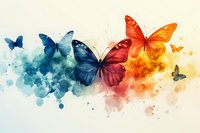 Colorful butterflies with watercolor splashes transitioning from blue to red to yellow on white background, suitable for wall art, greeting cards, and design projects.