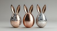 Luxurious Easter eggs with bunny ears in rose gold and white, featuring elegant damask patterns and feather motifs arranged in minimalist composition.