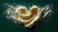 Heart-shaped milk splash with cocoa powder and coffee beans scattered around on dark green background for beverage advertising and food design.