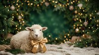 Young lamb with white fleece wearing golden bow tie, surrounded by evergreen branches, gold ornaments and bokeh lights, festive holiday setting for seasonal greeting cards and decorative projects.