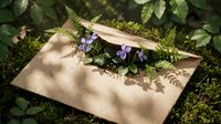 Rustic kraft paper envelope with purple wildflowers and green ferns on moss-covered forest floor creates natural botanical flat lay composition for eco-friendly design.