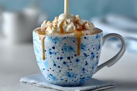 Creamy hot beverage with caramel drizzle and whipped cream in decorative blue and white floral ceramic mug on light fabric napkin.