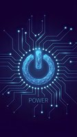Digital power button with circuit board connections on dark blue background for technology and electronics design concepts.