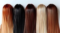 Row of five long straight wigs in different natural hair colors from ginger to black and blonde displayed on white background, beauty and fashion industry concept.