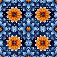 Seamless floral pattern with orange and blue fantasy flowers on dark background. Repeating botanical ornament for fabric, wallpaper and textile design.
