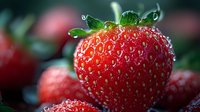 Fresh ripe strawberry with water drops and morning dew on dark background, macro shot showing texture and natural juicy details in soft light.