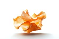 Delicate orange petal-like shape floating in space with soft shadows and translucent organic curves creating an abstract artistic composition on white background.