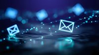 Digital email communication network with glowing envelope icons and data streams on dark blue technology background for business marketing concepts.