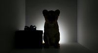 Silhouette of a young bear cub sitting next to a wrapped gift box in a minimalist studio setting with dramatic backlighting and neutral tones.