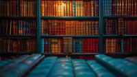 Vintage library interior with rows of antique leather-bound books on wooden shelves, illuminated by warm ambient light creating atmospheric mood perfect for education and literature themes.