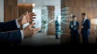 Businessman hands presenting holographic digital network technology interface in modern office with colleagues in background.