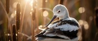 White dove resting peacefully in golden sunlight with soft bokeh background creating serene natural wildlife scene for meditation and peace concepts.