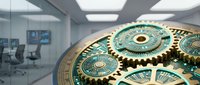 Ornate turquoise and gold gears with intricate detailing in modern office setting, symbolizing teamwork, innovation, and business strategy for corporate communications.
