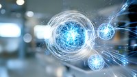 Glowing blue energy spheres with white light trails on blurred background, abstract quantum physics visualization showing particle connection network.