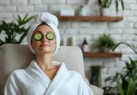 Young Caucasian woman relaxing at spa with cucumber slices on eyes, wearing white bathrobe and towel turban, surrounded by green plants against brick wall.