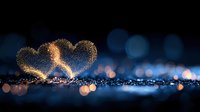 Glowing heart shape created with golden sparkles on dark blue background with bokeh lights, romantic atmosphere for Valentine's day designs and love concepts.
