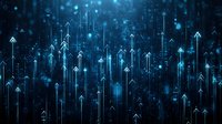 Glowing blue arrows moving upward against dark background with digital particles, representing growth, success and technological advancement in business.