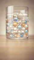 Clear glass cylinder filled with translucent spheres in cream, blue, and neutral tones submerged in water, creating an abstract composition for design and decoration projects.
